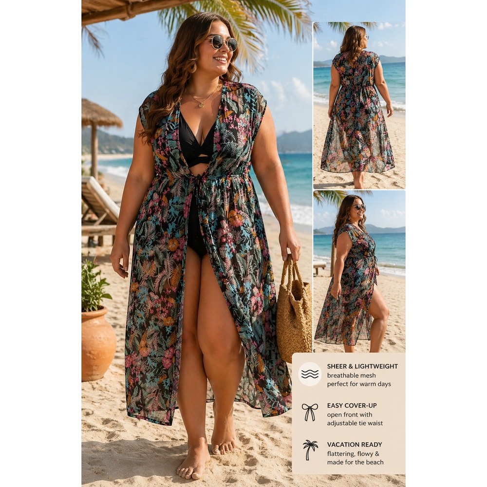 Swim Cover Up Tropical Floral Mesh Sheer Midi Plus 2X Boho Beach A Love Story